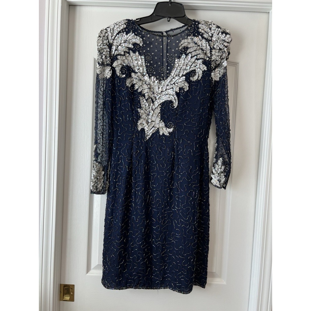Vtg Laurence Kazar Maxi Navy Evening Gown Dress Beaded Sequins Small 100% Silk